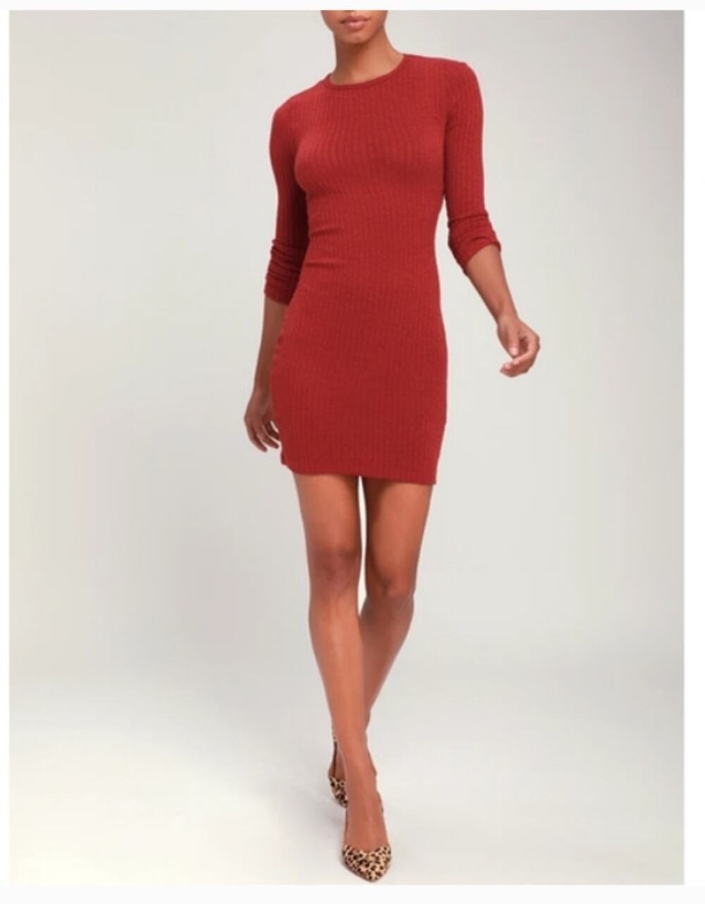 Lulus | Long Sleeve Ribbed Sweater Dress Rust Red
